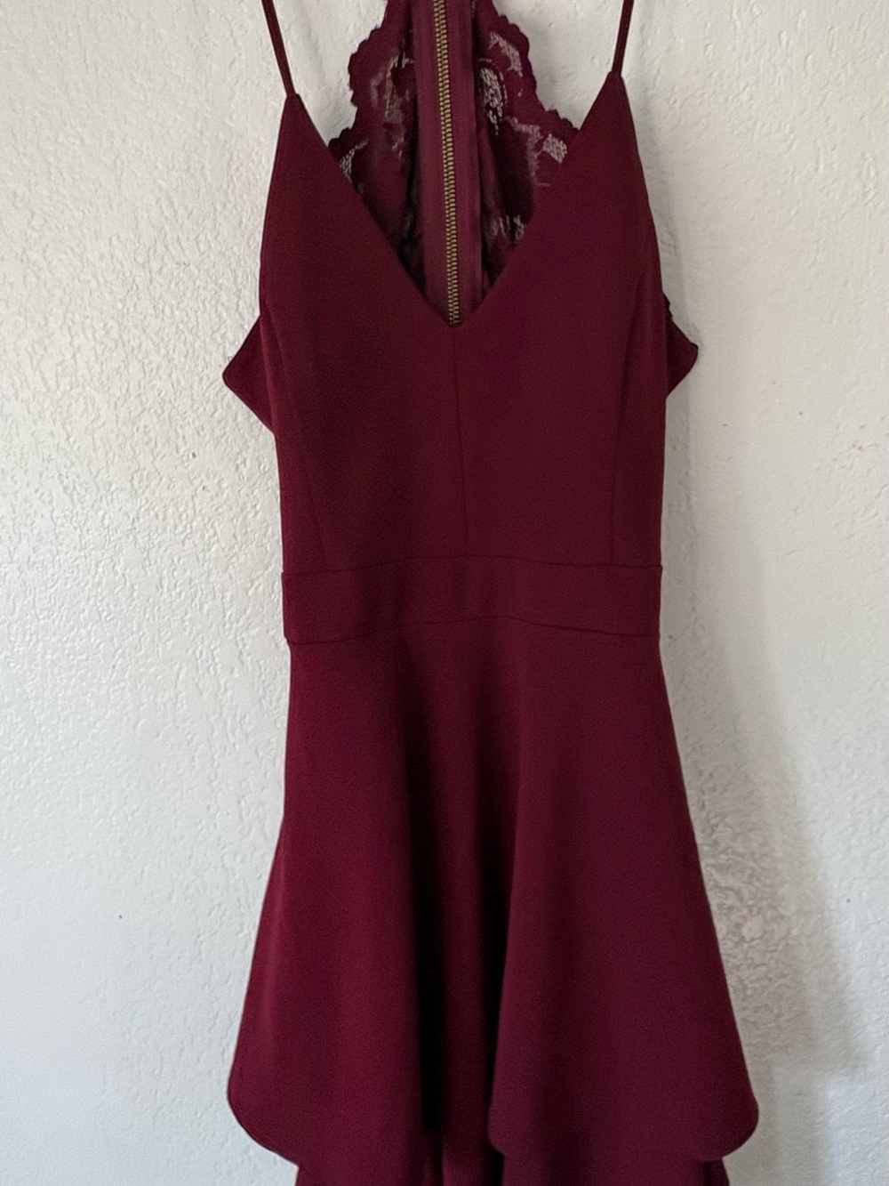 B Darlin Spaghetti-Strap Burgundy Backless Lace Dress